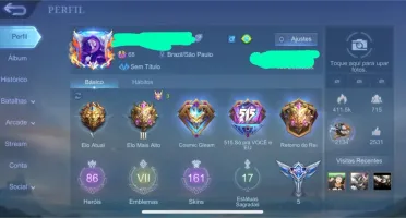 Conta Mobile Legends - 86 herós / 161skins / Legends Gussion