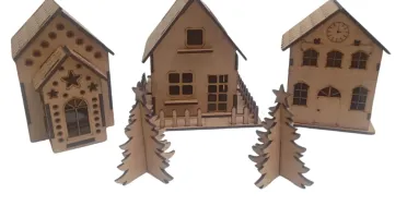 Kit 3 casinha mais 01 pinheirinho em mdf, maquete,...