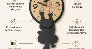 Relógio de Parede Gato em MDF 70 cm