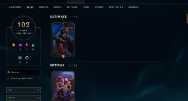 CONTA LOL LVL 301 DIAMANTE 102 SKINS , 135 CAMPEÕES