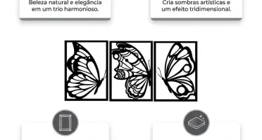 Kit 3 Quadros Borboletas em MDF Preto 30 x 20 cm