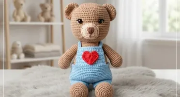 Ursinho de Amigurumi com Jardineira Azul e Coração