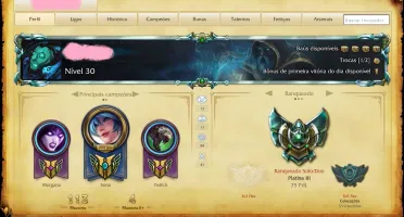 Conta League of Legends Platina 3 75 pdl/47 champs+12skins