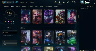 CONTA LEAGUE OF LEGENDS OURO 1, 168 SKINS 5 ULTIMATE.