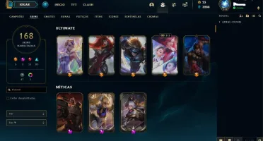 CONTA LEAGUE OF LEGENDS OURO 1, 168 SKINS 5 ULTIMATE.