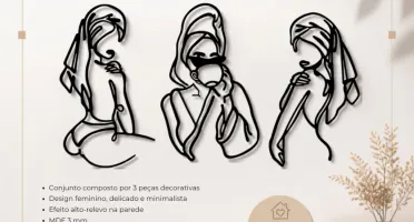 Kit 3 Quadros Mulher Minimalista em MDF Preto 35 x 22 cm