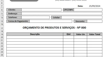 Planilha de Vendas e Orçamentos de Produtos Manual