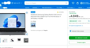 Notebook Samsung Galaxy Book4 i3 8GB 256GB SSD 15,6" FHD