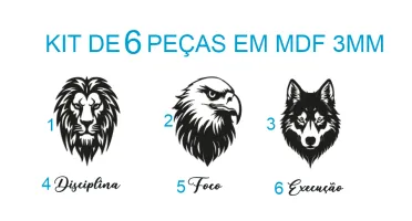 Kit 6 Peças Animais Disciplina Foco Execução em MDF