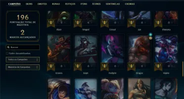 Platina 1 com 85 Champs e 27 Skins + 2 Prestigios da Ahri