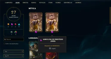 Platina 1 com 85 Champs e 27 Skins + 2 Prestigios da Ahri