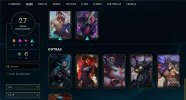 Platina 1 com 85 Champs e 27 Skins + 2 Prestigios da Ahri
