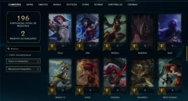 Platina 1 com 85 Champs e 27 Skins + 2 Prestigios da Ahri