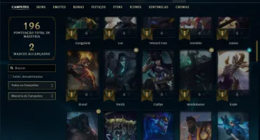 Platina 1 com 85 Champs e 27 Skins + 2 Prestigios da Ahri