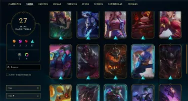 Platina 1 com 85 Champs e 27 Skins + 2 Prestigios da Ahri