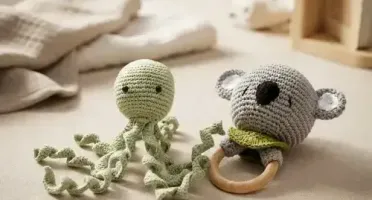 Kit Polvo Newborn e Chocalho Coala em Amigurumi
