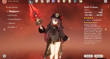 Hu Tao C1 + Homa + Kazuha C1 + 3 armas T5