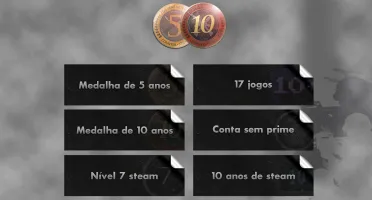 Steam 10 Anos Não Limitada, Medalha 10/5 Anos CSGO, 17 Jogos