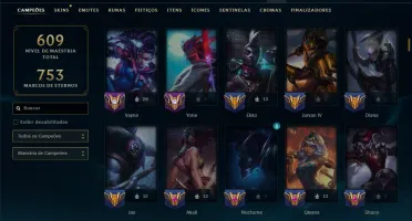 Ouro 3 com TODOS os Champs e 338 Skins ( MID / JG )
