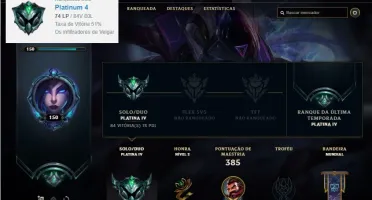 Conta platina 4 com 7 Vitoriosas, 130 champs e 92 skins