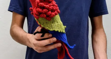 Arara vermelha e verde em amigurumi