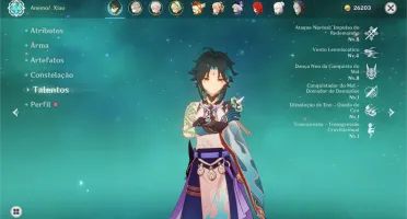 Xião, Albedo, Kazuha, Klee, Jean, Diluc + Kagura e Lança PB