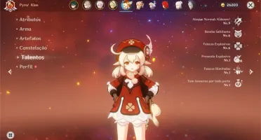 Xião, Albedo, Kazuha, Klee, Jean, Diluc + Kagura e Lança PB