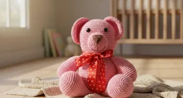 Urso Rosa Laço Vermelho Amigurumi