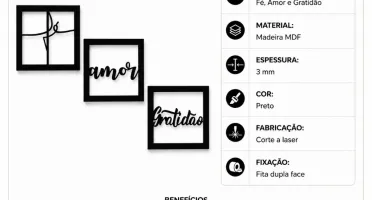 Kit 3 Quadros Fé Amor Gratidão em MDF Preto 25 cm