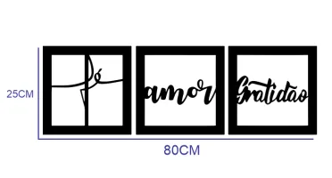 Kit 3 Quadros Fé Amor Gratidão em MDF Preto 25 cm