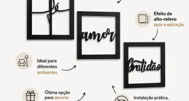 Kit 3 Quadros Fé Amor Gratidão em MDF Preto 25 cm
