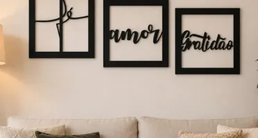 Kit 3 Quadros Fé Amor Gratidão em MDF Preto 25 cm