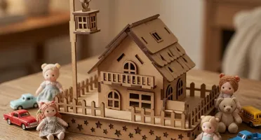 Mini Casinha mdf encantadora com poste, banco e cerca