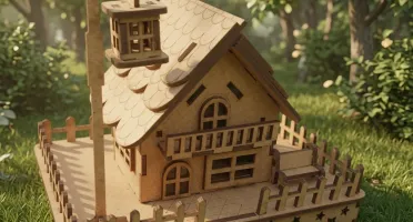 Mini Casinha mdf encantadora com poste, banco e cerca