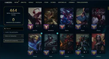 Ouro 1 com TODOS os Champs e 228 Skins ( JG / MID / ADC )
