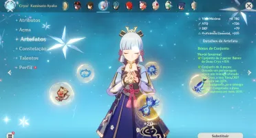 Hutao com Báculo + Ayaka + Zhongli + Diluc + 2 Armas T5