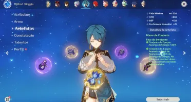 Hutao com Báculo + Ayaka + Zhongli + Diluc + 2 Armas T5