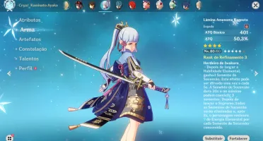 Hutao com Báculo + Ayaka + Zhongli + Diluc + 2 Armas T5