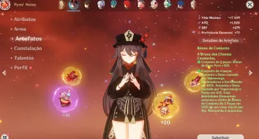 Hutao com Báculo + Ayaka + Zhongli + Diluc + 2 Armas T5