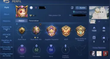 Conta Mobile Legends 54 Skins, 60 Heróis, WR 58%
