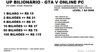 UP GTA ONLINE PC │5 BILHÕES │ LVL 8000 │MELHOR PREÇO DA DFG