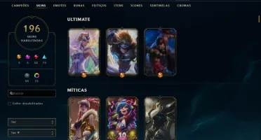 Conta League of Legends unranked, lv 199, 196 skins