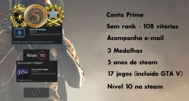 Steam Level 10, CSGO Prime, Medalha 2017, 17 jogos com GTA V