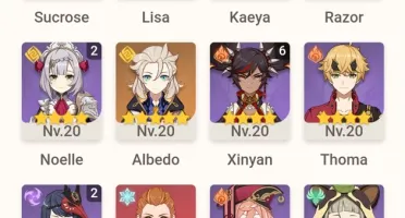 Genshin impact AR 57 - 10 personagens 5* com 4 armas 5*