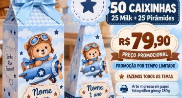Kit 50 Caixinhas Personalizadas - 25 Milk e 25 Pirâmides