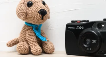 Cachorro Castanho com Manta Azul em Amigurumi