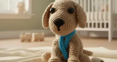 Cachorro Castanho com Manta Azul em Amigurumi