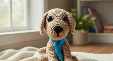 Cachorro Castanho com Manta Azul em Amigurumi