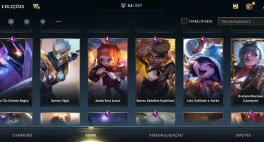 Conta wild rift com 54 skins, quase todos os campeões