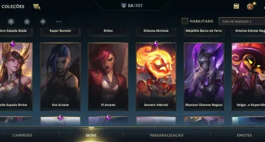 Conta wild rift com 54 skins, quase todos os campeões